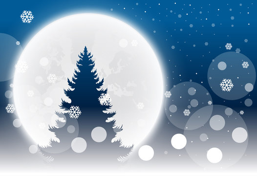 Christmas nighttime greeting. Winter landscape with coniferous forestand full moon. Vector illustration