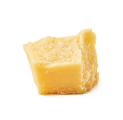 Piece of Parmesan cheese on white background. Macro photography with great depth of field. DoF .