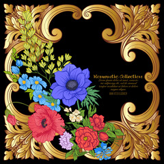 Summer flowers: poppy, daffodil, anemone, violet, in botanical style with vintage rococo frame for text on black background. Stock line vector illustration.