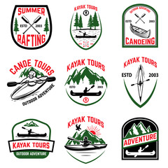 Set of kayak tours emblems. Kayaking, canoeing.