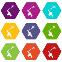 Mig welding torch in hand icon set color hexahedron