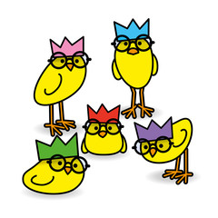 Five Yellow Chicks Wearing Party Hats and Black Round Spectacles