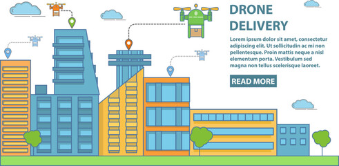 Drone delivery vector horizontal banner in flat linear style