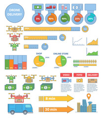Drone technology infographic concept vector illustration. Quadcopters delivering packages, food and other goods, aerial drones with camera taking photo and video. Drone services flat symbols. icons