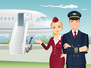 Pilot and Flight attendant of Commercial Airlines with the background of airplane / flat design, Vector cartoon Illustration.