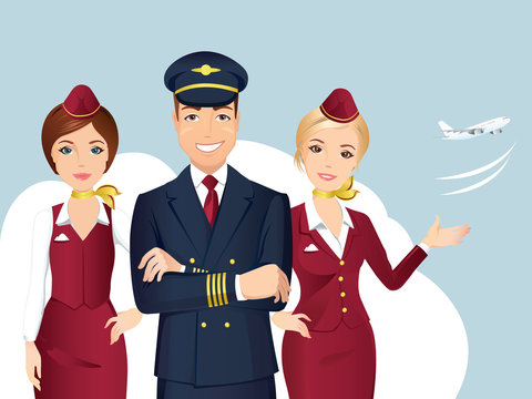 Pilot and Flight attendant of Commercial Airlines with the airplane on the background. / Flat design, vector cartoon.