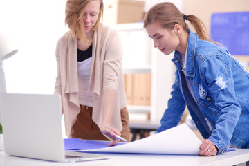 Two young woman standing near desk with instruments, plan and laptop.