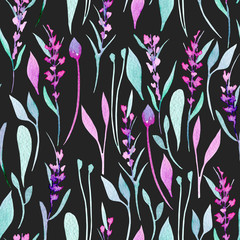 Seamless pattern with watercolor simple lavender, purple and mint plants, hand painted on a dark background