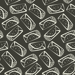 Monochrome outline cartoon burrito seamless pattern. Minimalistic flat linear mexican burritos texture for fast food restaurant or cafe menu design, background, wallpaper, cover, wrapping paper