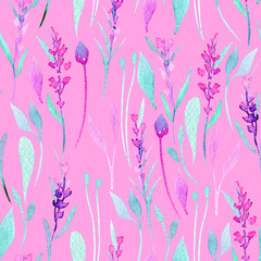 Seamless pattern with watercolor simple lavender, purple and mint plants, hand painted on a bright pink background