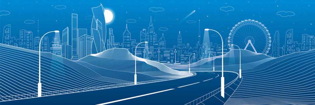 Illuminated highway in mountains. Infrastructure illustration. Modern city at background, tower and skyscrapers, business buildings, ferris wheel. Night scene. White lines. Vector design art
