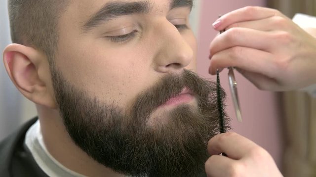 Barber trimming beard, close up. Female hands, comb and scissors. Beard grooming tips for beginners.