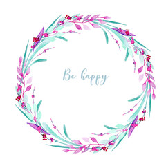 Wreath, circle frame with simple watercolor pink and mint leaves and branches, hand painted on a white background