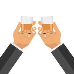 Two hands with glasses with a drink. Clinking glasses.