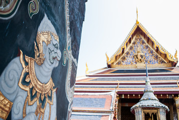 Door to Thailand with Grand palace. Culture temple door overlooking on roof building,  giant design for Decorated door at Bangkok, Thailand, Art and Religion Travel in South-East Asia, Asia