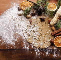 Gingerbread dough with molds for baking and cinnamon, selective focus