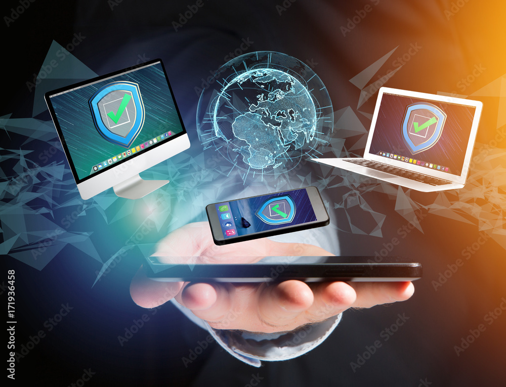 Poster security shield symbol over a network connection of different devices - technology concept