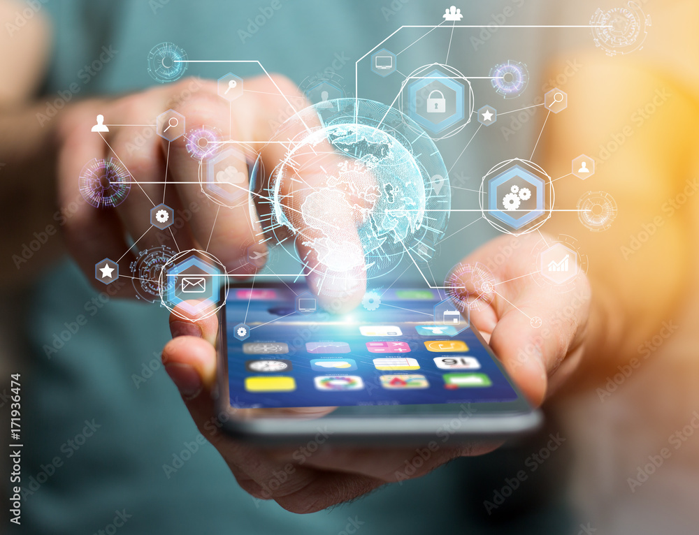 Poster international business network connection displayed on a futuristic interface with technology icon a