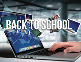 Back to school title surounded by device like smartphone, tablet or laptop - Internet and communication concept