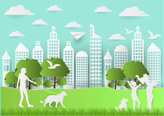 Paper art of people and pets on green background, paper art style vector illustration