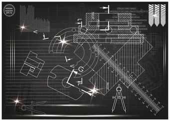 Machine-building drawings on a black background