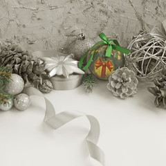 A festive Christmas arrangement artificial branches, glass balls in the basket.