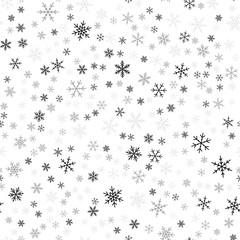 Black snowflakes seamless pattern on white Christmas background. Chaotic scattered black snowflakes. Charming Christmas creative pattern. Vector illustration.
