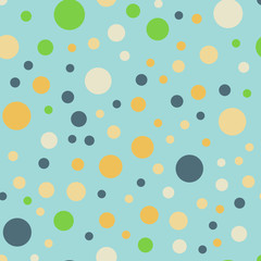 Colorful polka dots seamless pattern on bright 13 background. Extraordinary classic colorful polka dots textile pattern. Seamless scattered confetti fall chaotic decor. Abstract vector illustration.