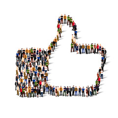 Large group of people in the shape of like sign.