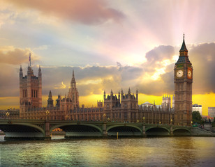 London at sunset. Beautiful idealistic sunset behind the Big Ben and Houses of Parliament 