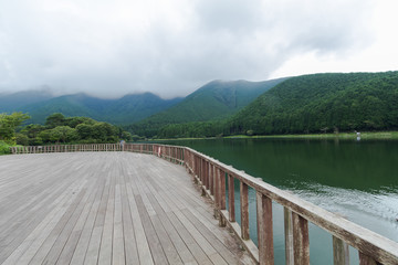 Lake and mountain view  in Yamanashi Prefecture, Japan .