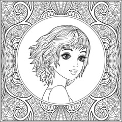 A young beautiful girl.  Portrait on a background of a pattern. Outline hand drawing coloring page for adult coloring book. Stock line vector illustration.