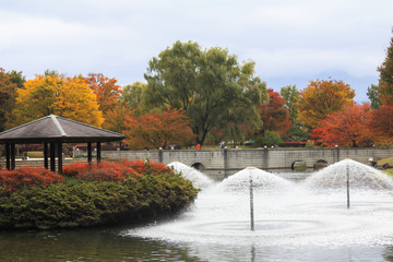 Japan autumn , Fountain  in soft focus and blur style, Obuse park ,Nagano,Japan.