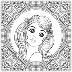 A young beautiful girl.  Portrait on a background of a pattern. Outline hand drawing coloring page for adult coloring book. Stock line vector illustration.
