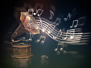 Obraz premium Gramophone with golden notes. Music art background.