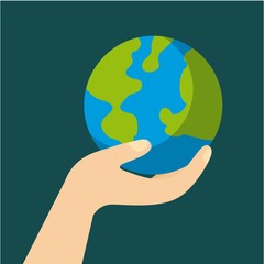 hand with planet earth ecology and environment flat vector illustration