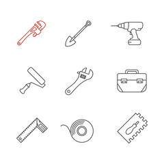 Construction tools linear icons set