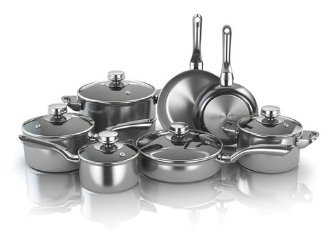 Pots and pans. Set of cooking stainless steel kitchen utensils and cookware