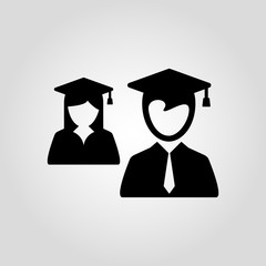 Graduate girl and boy in square cap or hat with tassel vector icon. Female and male in mortar hat and graduation academic gown