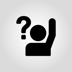 Simple vector icon with man or person with raised hand and a question mark. Uncertain person asking question icon