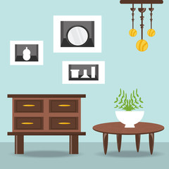 drawers and coffee table with decorative plant icon over blue background colorful design vector illustration