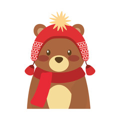 cute bear animal with hat and scarf vector illustration