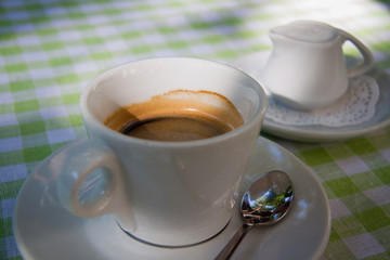 White cup of coffee with milk in the country garden