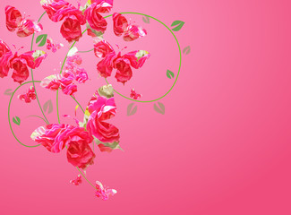 Illustration of pink roses butterflies background