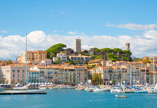 Fototapeta Cannes, ITALY. Le Vieux Port of Cannes. Harbour and old city at the French Riviera, home for the Cannes Film Festival