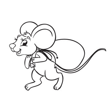 Mouse carries a bag of food. Isolated on a white background. Outlined for coloring book
