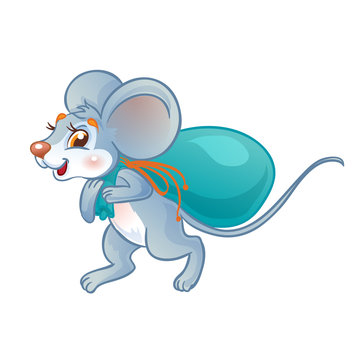 Mouse carries a bag of food. Isolated on a white background