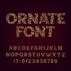 Ornate golden typeface. Ornamental alphabet font. Metallic effect letters and numbers on a dark background. Stock vector typeset for your headers or any typography design.