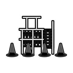 flat line monocromatic scaffold  and trafic cone  over white background vector illustration