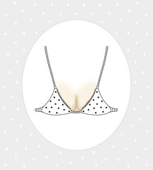 Greeting card with bra. Brassiere model. Female bust. Underwear. Raster illustration.